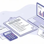 Checklist de conferência tributária trimestral com documentos fiscais, declarações T1 e análise de receitas e despesas